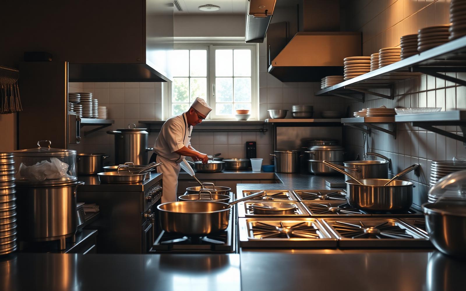 Cucina professionale italiana con attrezzature in acciaio inox